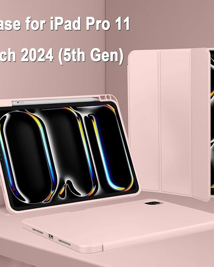 ZryXal iPad Pro 11 Inch Case (M5) 2025/ (M4) 2024 (Model: A2836/A2837/A3006), Trifold Stand Smart Cover with Pencil Holder and Soft TPU Back, Auto Wake/Sleep (Rose Pink)