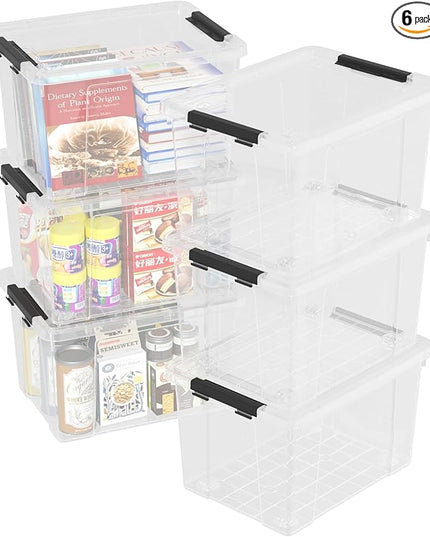 22 Quart Clear Latching box, Plastic Storage Bin with Wheels, 6 Packs