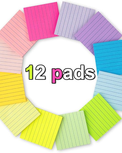 (12 Pack) Lined Sticky Notes 3x3 in,Notepads with Lines,Ruled Stickies Super Sticking Power,Office School Memo Note Pads Bright Colors,Post on Windows Doors,Recyclable,Easy to Write on