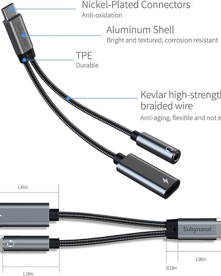 USB c to 3.5mm Headphone and Charger Adapter,2 in-1 USB C PD 3.0 Charging Port to Aux Audio Jack and Fast Charging Dongle Cable Cord (2 Ports-Gray)