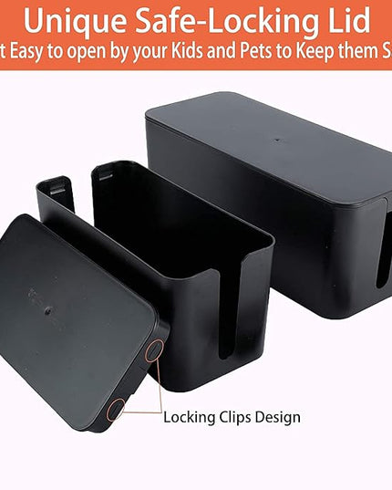 YaeCCC Cable Management Organizer Box Power Strips Hider Power Cords Hider for Desk, TV, Computer, USB Hub,Cords (Set of Three) Black