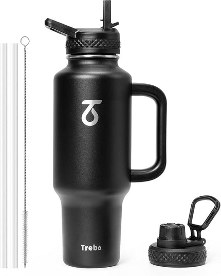 Trebo 40 oz Water Bottle Insulated Fit Car Cup Holder with Handle, Stainless Steel Water Bottles Tumbler with Spout Straw Lids, Double Wall Travel Reusable Flask, Leakproof Mug,Keep Cold &Hot,Black