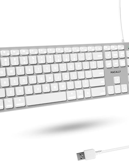 Macally Backlit Wired Keyboard for Mac | Compatible Apple Keyboard with Numeric Keypad | Comfortable All Day Typing, Compatible on MacBook Pro/Air, iMac, Mac mini/Pro - Silver