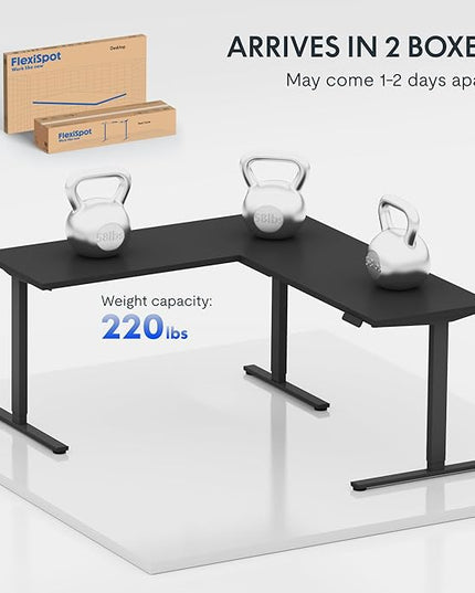FLEXISPOT L Shaped Standing Desk, 63 x 55 Inch Electric Height Adjustable Corner Desk, Sit Stand Computer Workstation, Preset Controller, Home Office, Black Frame with Black Top, Black Drawer