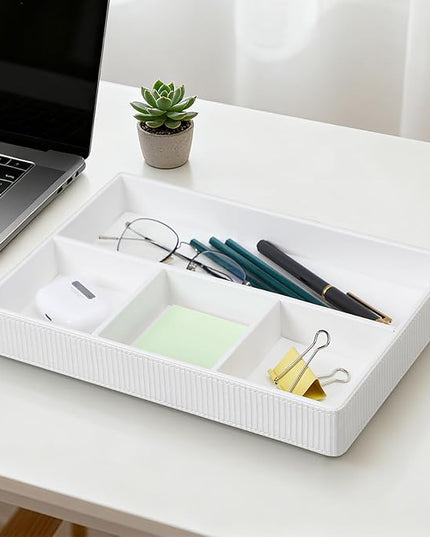 NICLNGSH PU Leather Valet Tray, Decorative Trinket Vanity Desk Drawer Organizer Tray, Perfume Dish Catch All Bowl for Keys, Nightstand Drawer Organizer Women Men with 4 Compartments (Cream-White)