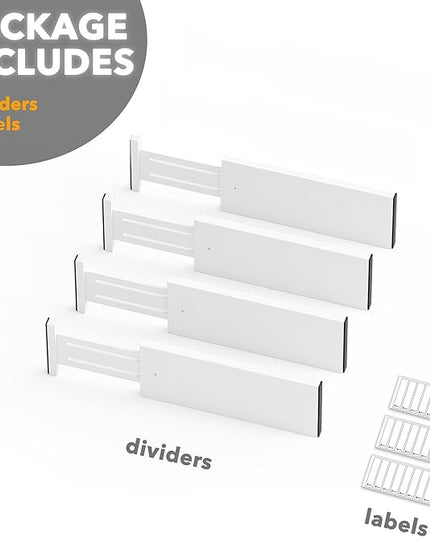 SpaceAid Bamboo 4 Pack Dresser Drawer Dividers, 4.65“ High Adjustable 12.5“-17” Drawer Organizers, Expandable Organization for Clothing, Clothes, Dressers, White