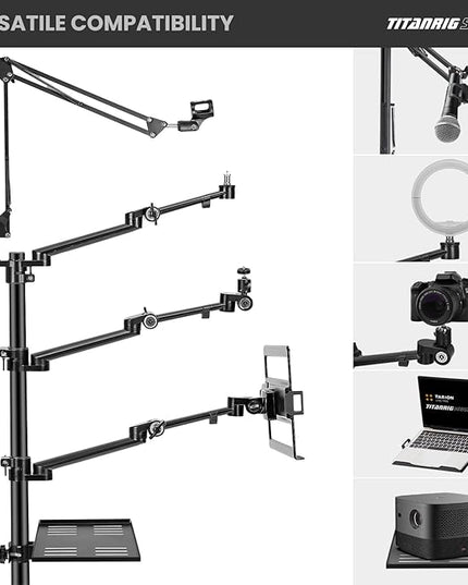 TARION Live Streaming Stand with Wheels - 61"/155cm 5-in-1 Stream Stand Equipment Kit: 1 Mic Boom + 3 Articulated Arms + 1 Projector Holder, Adjustable Heavy-duty Floor Live Tree Stand Setup TitanRig