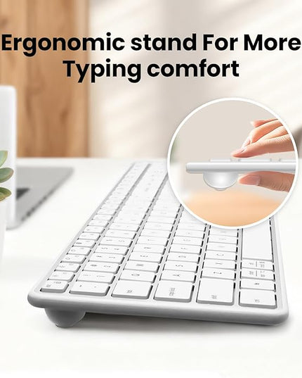 Bnnwa Wireless Bluetooth Keyboard Stainless Steel Multi-Device Full Size Keyboard with Numeric Keypad Low Profile Silent Cordless Keyboards Quiet Typing for Computer/Windows/PC/Laptop(Silver White)