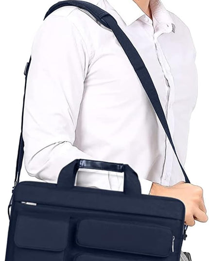 MOSISO Laptop Shoulder Bag 13.3 inch, 13-14 inch Computer Bag Compatible with MacBook Air/Pro 13 / Pro 14, HP Dell ASUS Lenovo with 2 Raised&1 Flapover&1 Horizontal Pocket&Handle&Belt, Navy Blue