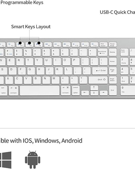 JKSML Wireless Keyboard with 102 Keys, Bluetooth and 2.4 GHz Wireless, Low Profile, Number Pad, Fluid Quiet Typing, 12 Programmable Keys, USB C Rechargeable, for Phone, Tablet, PC, Laptop, TV - White