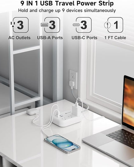 Short Extension Cord 1 Ft- 6 USB(3 USB C) Travel Power Strip with 24W USB Charging Station and 3 Outlets, 1Ft Small Flat Plug Extension Cord Surge Protector for Travel Home College Dorm 1625W