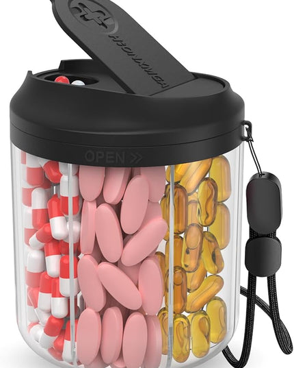 Pill Bottle Organizer with 7 Large Compartments, Pill Dispenser for Travel, Supplement Organizer with Anti-Mixing Design, BPA-Free Pill Container with 20 Pcs Labels, Black