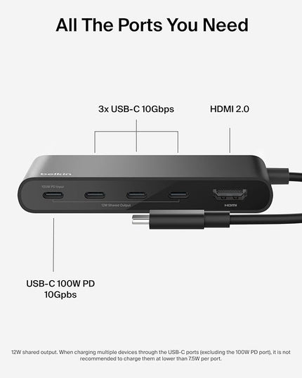 Belkin USB C Hub, 5-Port Hub w/ 4K HDMI Display @ 60Hz, 100W Power Delivery, Fast Data Transfer 10Gbps, USB C Multiport Adapter - Compatible with MacBook, iPad Pro, Chromebook, & More