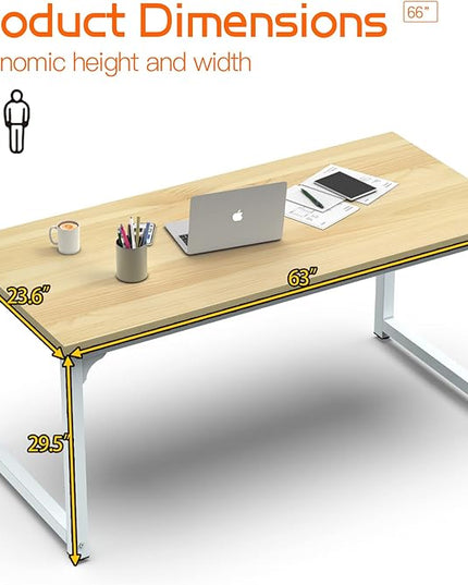 NSdirect 63" Computer Desk,Large Home Office Desk Wide Workstation 1 inch Thicker Tabletop for Writing,Games and Home Work PC Desk Modern Finish Wood Board and Sturdy Steel Legs,Oak+White