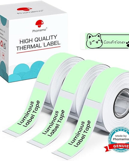 Phomemo D30 Luminous Label Tape, Black on Glow-in-The-Dark Labels, Strong Adhesion Self-Adhesive Standard Label Tape, Indoor Use, 14mm x 40mm (0.55x1.57) 120 Labels/Roll, 3-Roll