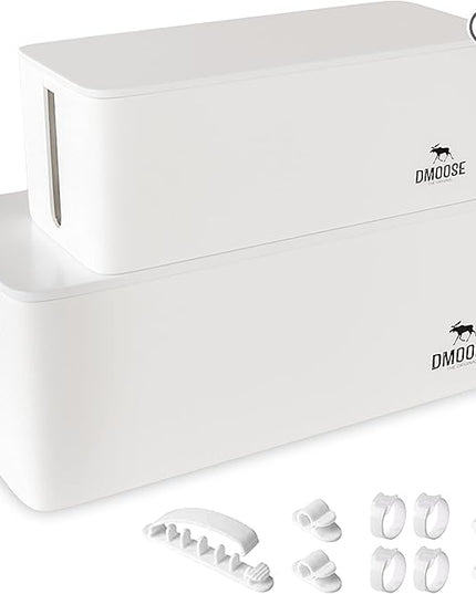 DMoose Cable Management Box - 2 Pack Medium & Large Cord Organizer for Desk & Floor - Cable Organizer Box for Child & Pet - Cable Box Hider for Tidy Office & Home, Power Strip Cover (White, Pack of 2)
