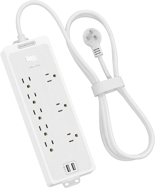 Surge Protector Power Strip 10 ft Cord, NTONPOWER Heavy Duty Extension Cord 10 ft, 8 Outlets and 2 USB Ports, Flat Plug, 1875W/15A 1700 Joules, Wall Mountable for Home Office, Dorm Essentials White