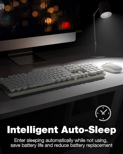 MOFII Wireless Keyboard and Mouse Combo, Computer Full Size 2.4G Plug and Play Wireless Typewriter Retro Round Keyboard and Mouse Set for Windows, Computer, Desktop, PC, Notebook - (Off White)
