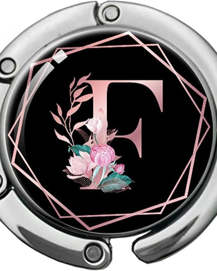 Pink Initial Foldable Purse Hook, Flower Letter Handbag Hanger, Women's Bag Hanger Hook, Round Purse Table Hook, Funny Desk Hook Gift for Family Colleague Friend Office Worker (Flower F)