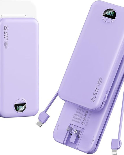 12000mAh Ultra-Portable-Charger-Power-Bank with Built in Cables&AC Wall Plug,PD20W USB-C Fast Charging Cell Phone Charger Battery Pack,LED Display Travel Battery Bank for All iPhone,Samsung,Android