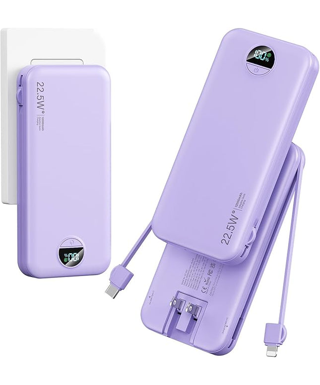 12000mAh Ultra-Portable-Charger-Power-Bank with Built in Cables&AC Wall Plug,PD20W USB-C Fast Charging Cell Phone Charger Battery Pack,LED Display Travel Battery Bank for All iPhone,Samsung,Android