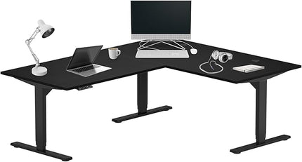 Progressive Desk Height Adjustable Computer Standing Desk - L Shaped 70" x 55" Corner Electric Stand Up Rising Workstation - Black Frame, Ebony Oak Top