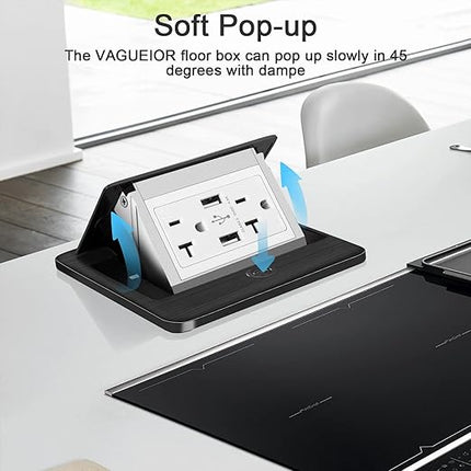 Vagueior Recessed Floor Electrical Outlet Kit,Waterproof Electrical Outlet Covcer Box,Hidden 4.8A USB+20A Tamper-Resistant Receptacle Outlet with Slow Elastic Damping ，ETL Certified,Black