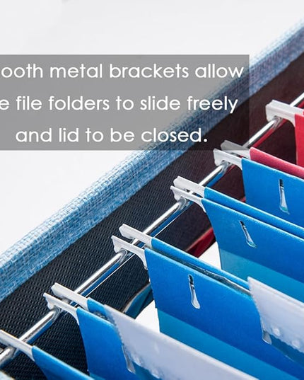 PRANDOM File Organizer Box - Set of 4 Collapsible Decorative Linen Filing Storage Hanging File Folders with Lids Office Cabinet Letter Size Blue (14x9.3x10.8 inch)