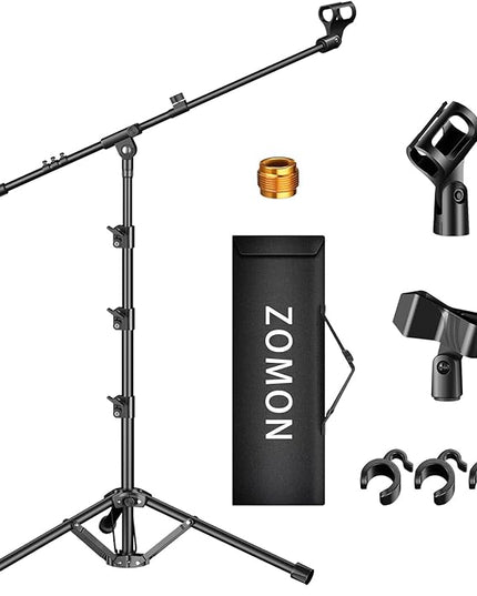 Microphone Stand, Tripod Boom Arm Floor Mic Stand Height Adjustable Heavy Duty with Carrying Bag 2 Mic Clips 3/8" to 5/8" Adapter for Singing Podcast for Blue Yeti Shure SM58 SM48 Samson Q2U