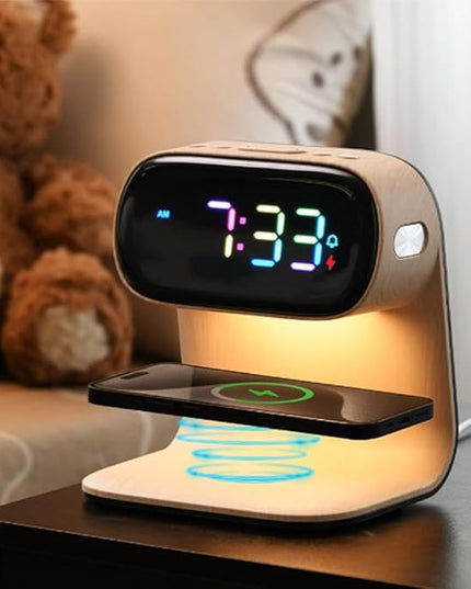 AYI 3in1 Multi-Functional Wireless Charging Alarm Clock Smart Night Light Qi Charger LED Digital Clock Adjustable Light 15W Fast Wireless Charging for All Qi Phone and TWS Headphone Pro Wood Color