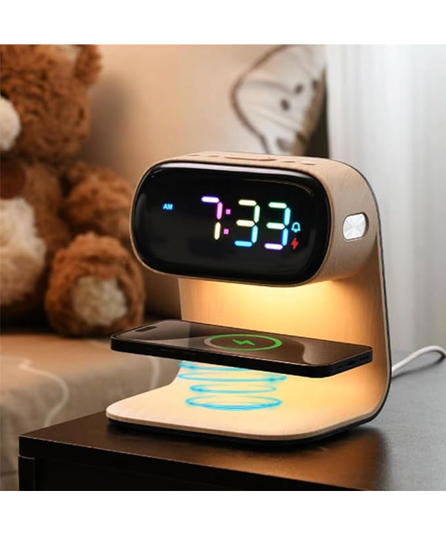 AYI 3in1 Multi-Functional Wireless Charging Alarm Clock Smart Night Light Qi Charger LED Digital Clock Adjustable Light 15W Fast Wireless Charging for All Qi Phone and TWS Headphone Pro Wood Color