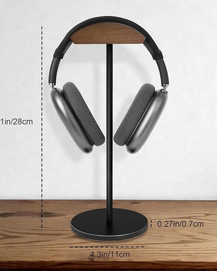 GEVO Headphone Stand for Desk, Walnut Wood & Aluminum Headset Stand, Universal Walnut Gaming Headset Holder with Solid Heavy Base for AirPod Max, Bose, Sony All Headphone Sizes (Circular Base)