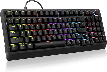 HUO JI Mechanical Gaming Keyboard Wired, 17 LED Backlit Modes, Liner Red Switch, Volume Knob, Anti-Ghosting, Double-Shot Shine Through Keycaps, 96% Light Up Keyboard for PC Mac