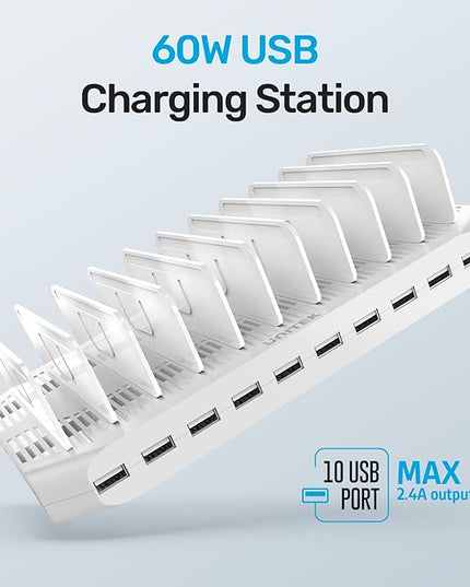 Unitek Multi Charging Station, 10-Port USB Charger for Multiple Device with SmartIC Tech and Adjustable Dividers, Organizer Stand Compatible with iPad, Tablet, Kindle, iPhone