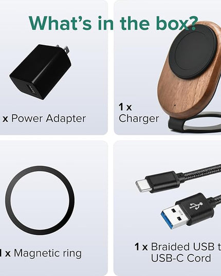 ARK Uno - Solid Wood MagSafe Stand Magnetic Wireless Charging Station w/Adapter & USB to USB C15W Wireless Charger. for iPhone 12-17 & Some Samsung. Home, Office, Kitchen,Best Mens Gifts!