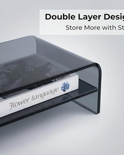 Clear Acrylic 2-Tier Monitor Stand & Desk Organizer - 16"x9.4"x5.5 H Home Office Riser with Keyboard Storage, Fits PC, Laptop, iMac, Printer, TV & Multi-Media Devices (Transparent grey)