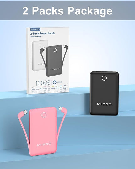 10000mAh Mini Portable Charger with Built in Cable, Pocket Size Power Bank Travel External Battery Pack for Phone, 3 Output USB Type C Cord Clutch Compatible with iPhone, Samsung, 2 Pack Black & Pink