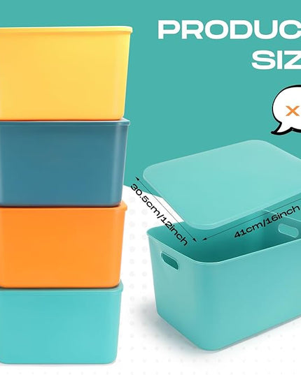 Hoolerry 8 Pieces Colorful Storage Bins with Lid, Plastic Storage Basket Organizing Container Stackable Box with Handle for Shelves Desktop Playroom Office(16.1 x 12.0 x 9.7 Inch,Multi-colored)
