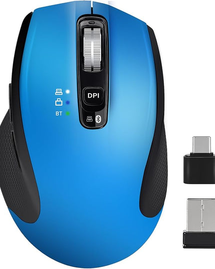 Wireless Mouse with Bluetooth, USB A, USB C Receiver, Rechargeable, Full Size Mouse, Ergonomic, Silent, for MacBook/Laptop/Computer/PC/iPad-Blue