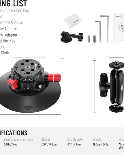 NEEWER 6" Suction Cup Camera Mount Compatible with GoPro, Metal Car Windshield Dash Ball Head Magic Arm with Action Cam Adapter Cleaning Cloth for DSLR Phone Holder, for POV Video Recording, CA013