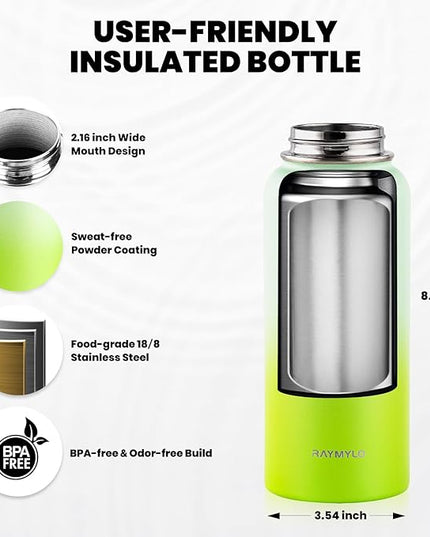 Insulated Water Bottle 32 oz, Triple Wall Vacuum Stainless Steel (Cold for 48 Hrs), Leak Proof & Non-BPA, Modern Water Flask Jug with Paracord Handle & Straw Spout Lids, Ombre Green