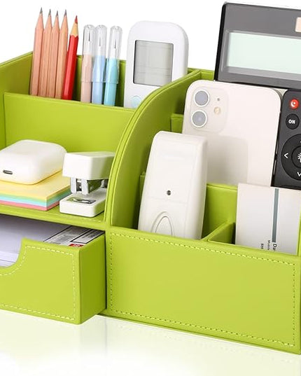 KINGFOM Pu Leather Desk Organizer Pen Pencil Holder Office Supplies Caddy Storage Box 6 Compartments with Drawer Green