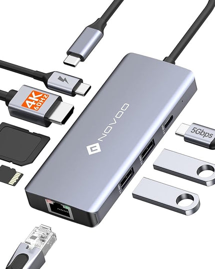 NOVOO USB C Hub 4K@60Hz HDMI Gigabit Ethernet 8-in-1 USB C Adapter Multiport with HDMI,PD 100W,2 USB-A, 1 USB-C Dataport,SD&TF Docking Station for iPhone 15,MacBook Air/Pro M2, Dell, XPS 15,HP, Lenovo
