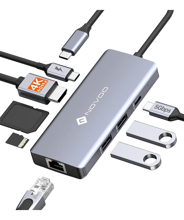 NOVOO USB C Hub 4K@60Hz HDMI Gigabit Ethernet 8-in-1 USB C Adapter Multiport with HDMI,PD 100W,2 USB-A, 1 USB-C Dataport,SD&TF Docking Station for iPhone 15,MacBook Air/Pro M2, Dell, XPS 15,HP, Lenovo