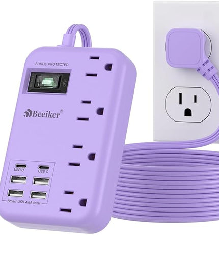 6 USB(2 USB C) Purple Surge Protector Power Strip- 10 Ft Purple Extension Cord with 24W USB Charging Station and 4 Outlets, Pink Desk Accessories for Cute Kawaii Lavender Travel Dorm Room