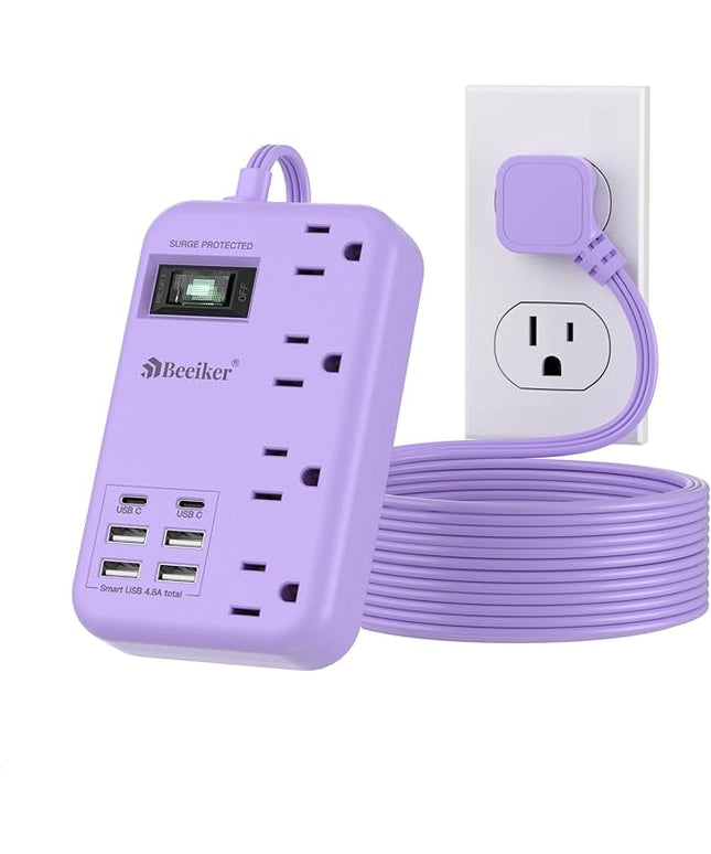6 USB(2 USB C) Purple Surge Protector Power Strip- 10 Ft Purple Extension Cord with 24W USB Charging Station and 4 Outlets, Pink Desk Accessories for Cute Kawaii Lavender Travel Dorm Room