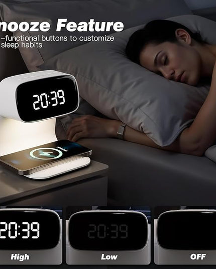YIDPU Digital Alarm Clock with Wireless Fast Charging Station 15W Touch Smart Lamp for Bedside,3 Colors Nightlight Adjustment Night Lamp for Living Room,Bedside,Heavy Sleepers (White-01-Adapter)
