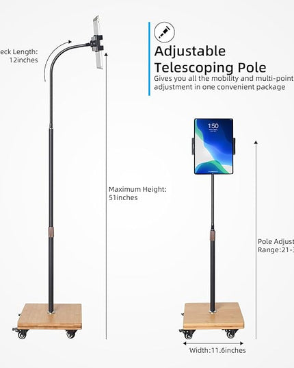 wishacc Tablet Floor Stand for Bed - Gooseneck Tablet Holder Mount with Adjustable Height and 4 Wheels, Compatible with iPad mini Air Pro 12.9/9.7, Galaxy Tab, Kindle, Cell Phones (4.7"-13")