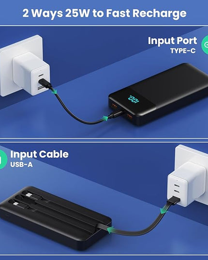 Portable Charger Power Bank 40800mAh with 3 Built-in Cables,25W Fast Phone Charging Portable Battery Pack,5 Outputs Travel Essentials Outdoor External Battery for iPhone 17/16,Galaxy Android etc-Black