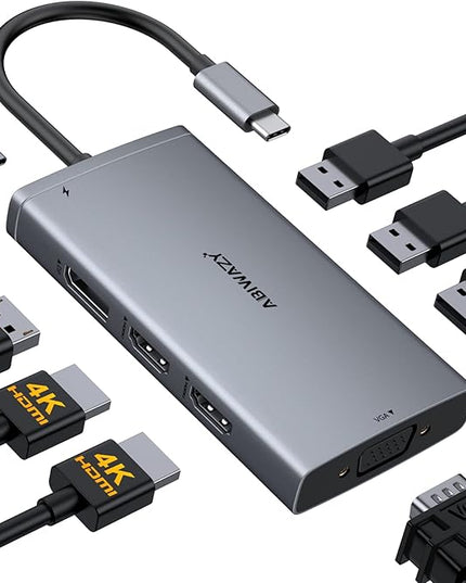 ABIWAZY USB C Docking Station Dual Monitor Adapter for Dell HP Laptop Docking Station 3 Monitors Quadruple Display USBC Hub Dongle to 4K HDMI,DP,VGA,3 USB2.0,100W PD, USB-C Dock for Lenovo,Surface
